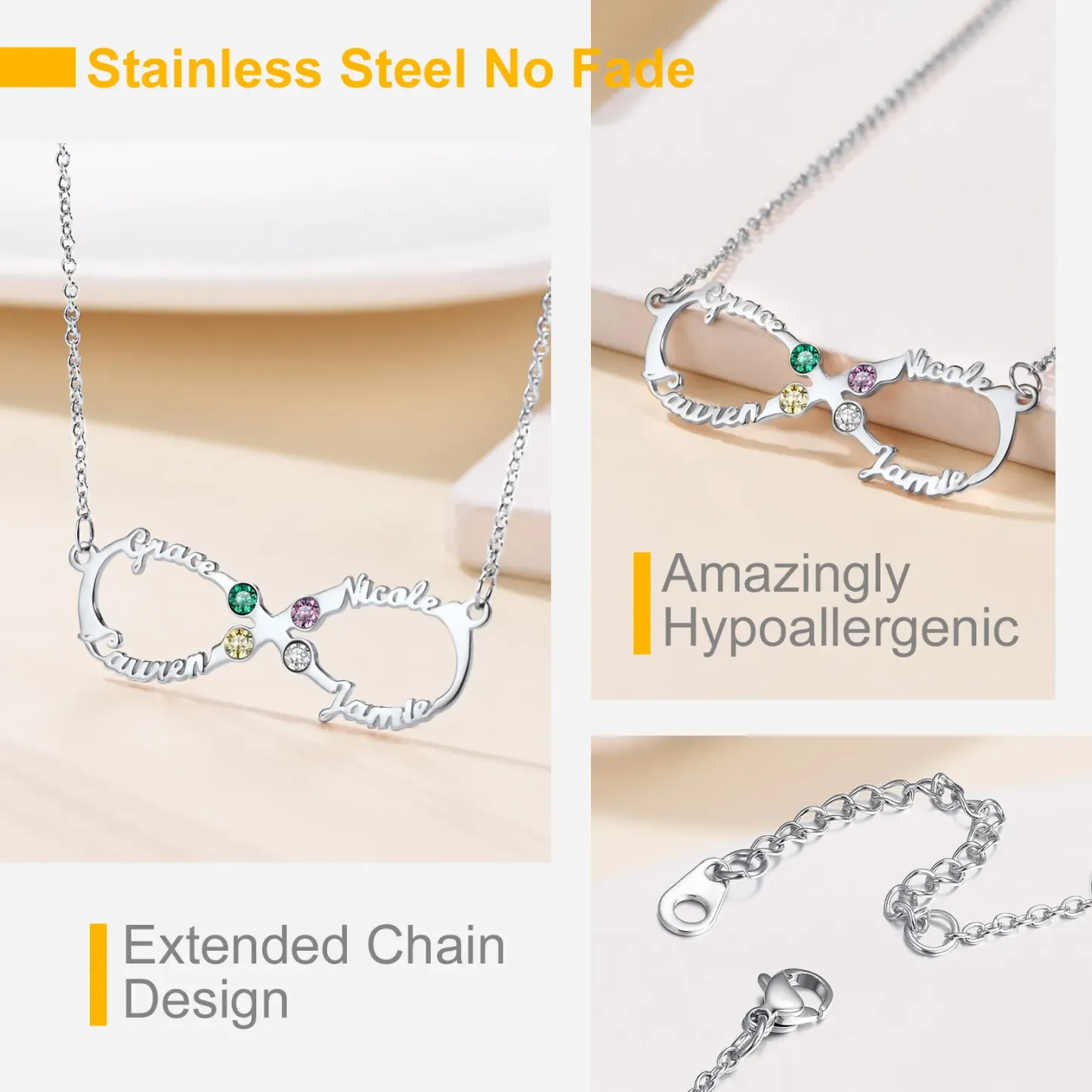 Collier Infini Personnalisé avec 4 Prénoms et Pierres de Naissance pour Femme Détail