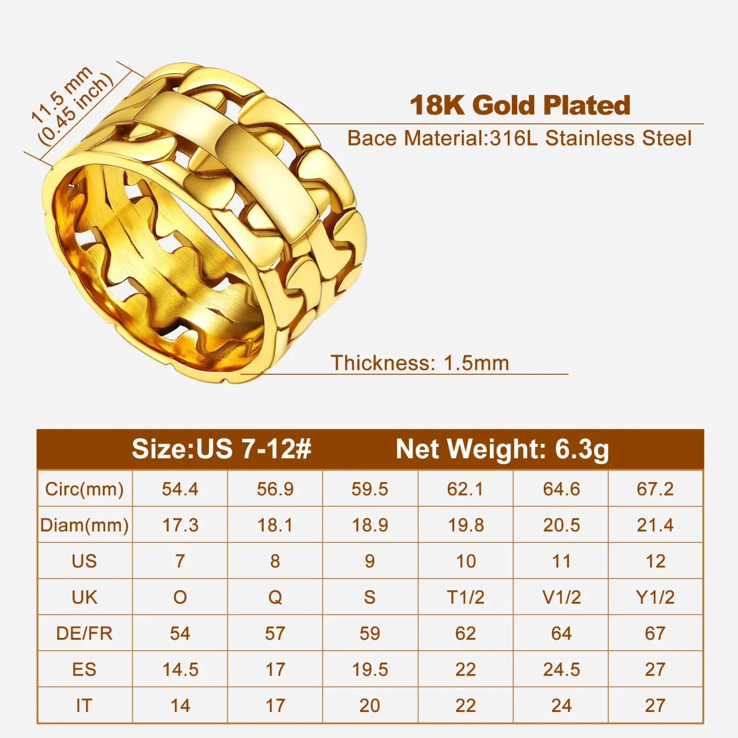 Bague Empilable Personnalisée en Chaîne Cubaine pour Couple Taille L