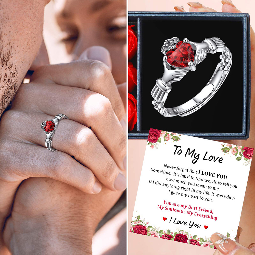 Bague Claddagh Cœur Ajustable avec Pierre de Naissance en Argent 925 Cadeau