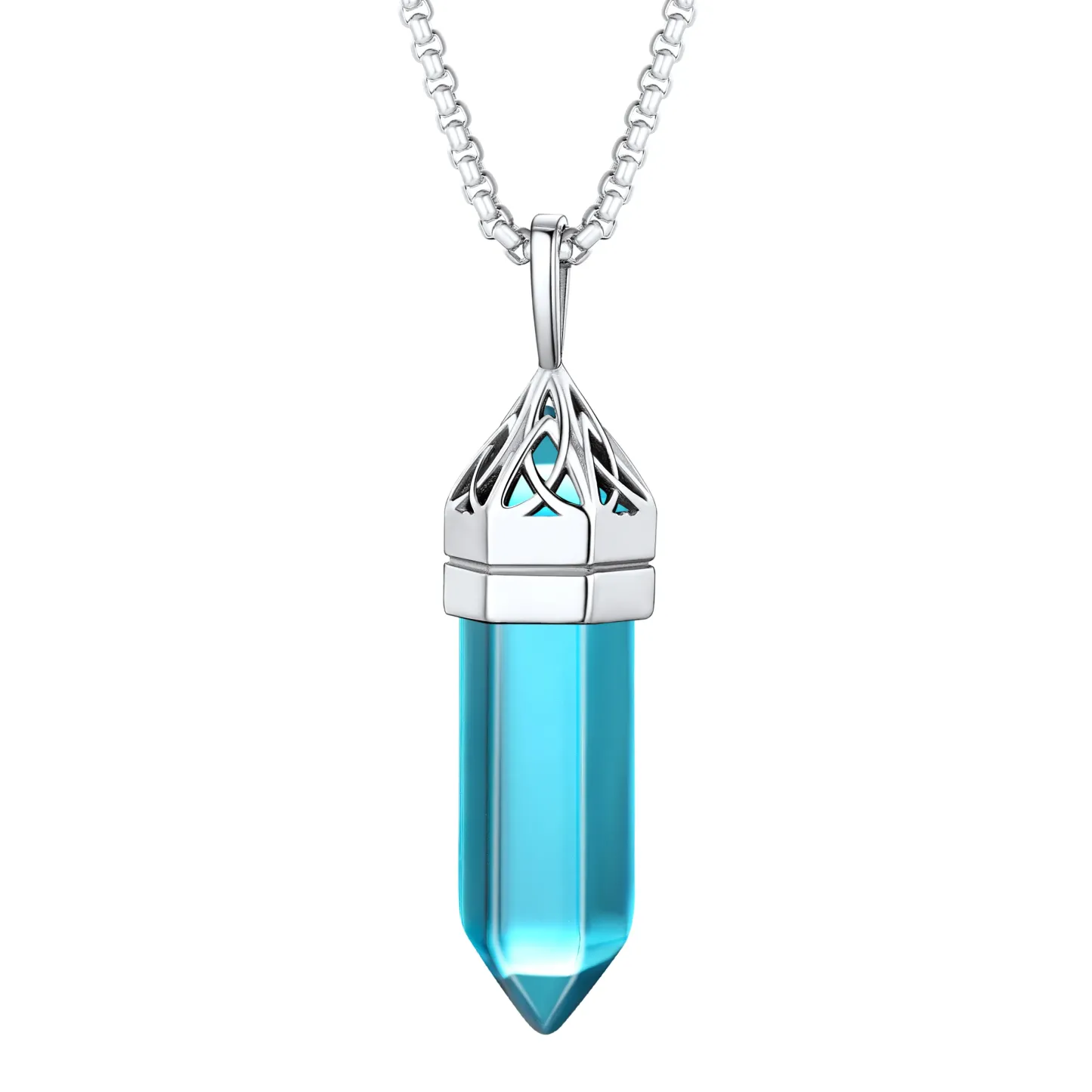 Collier Pendentif en Cristal Hexagonal avec Pierre de Naissance Synthétique Argenté Dec