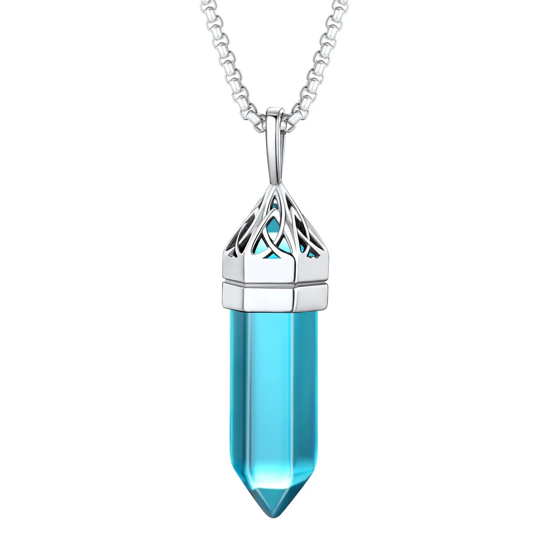 Collier Pendentif en Cristal Hexagonal avec Pierre de Naissance Synthétique Argenté Dec