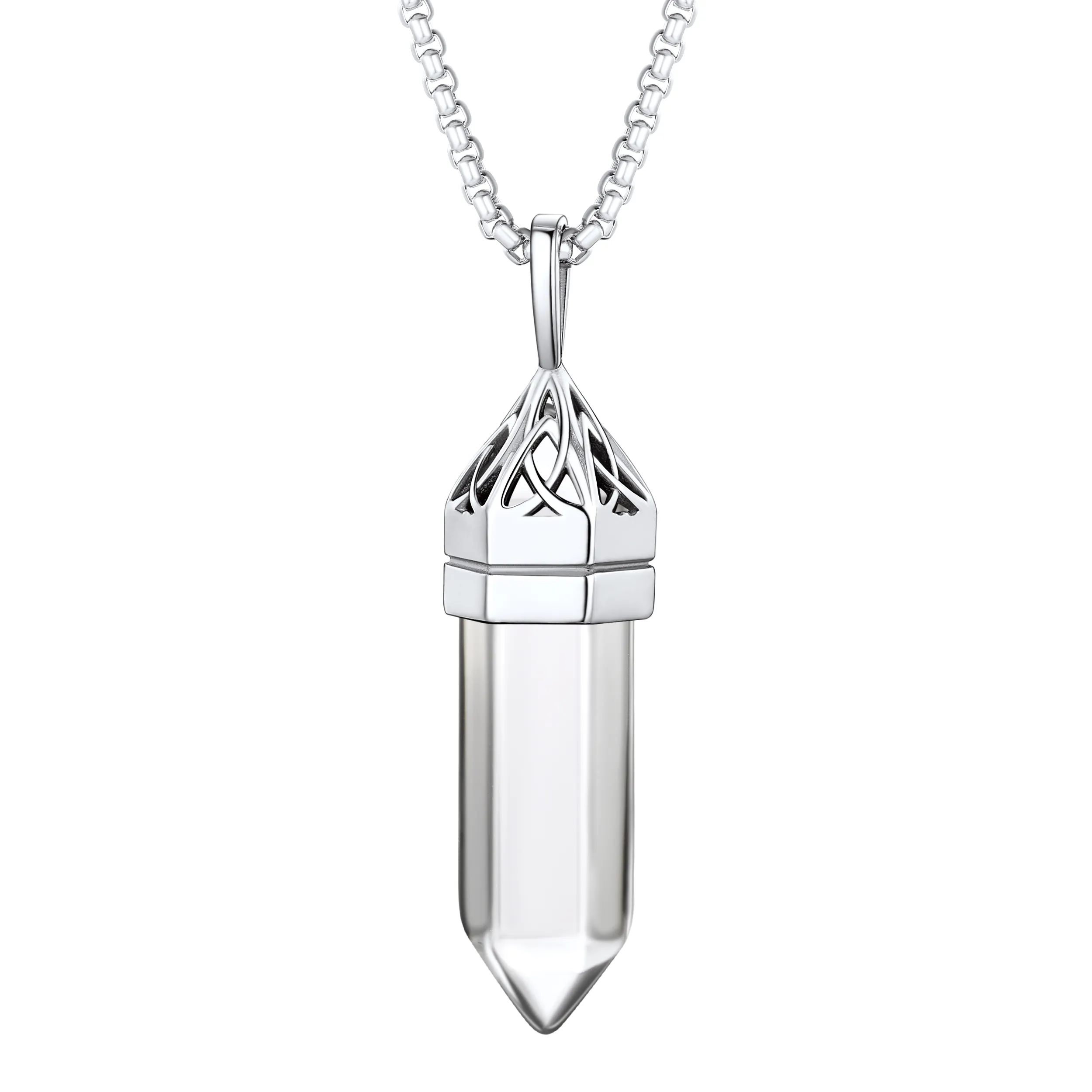 Collier Pendentif en Cristal Hexagonal avec Pierre de Naissance Synthétique Argenté Avril