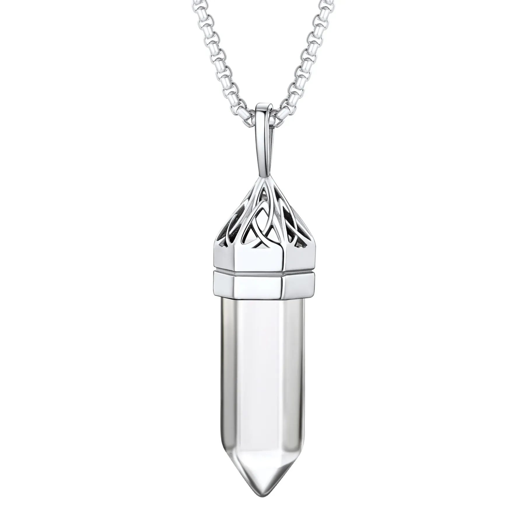 Collier Pendentif en Cristal Hexagonal avec Pierre de Naissance Synthétique Argenté Avril