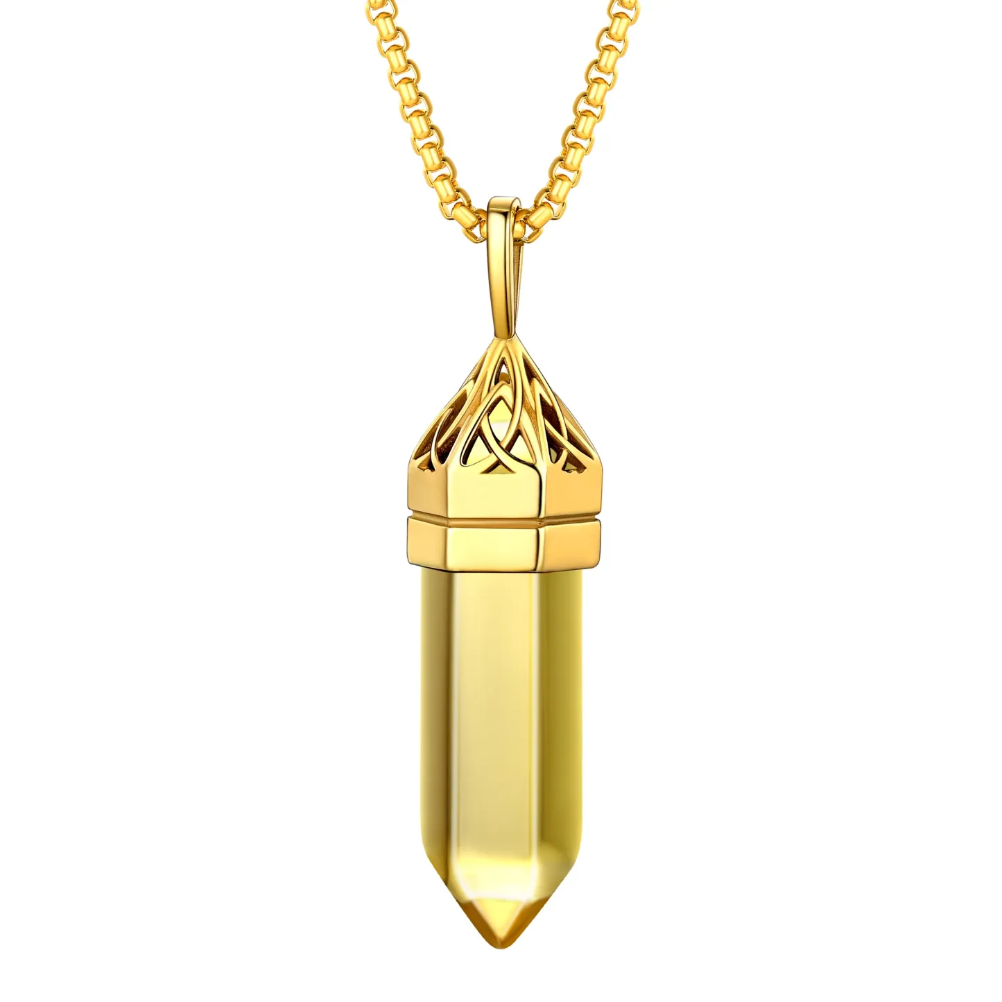 Collier Pendentif en Cristal Hexagonal avec Pierre de Naissance Synthétique Or Nov