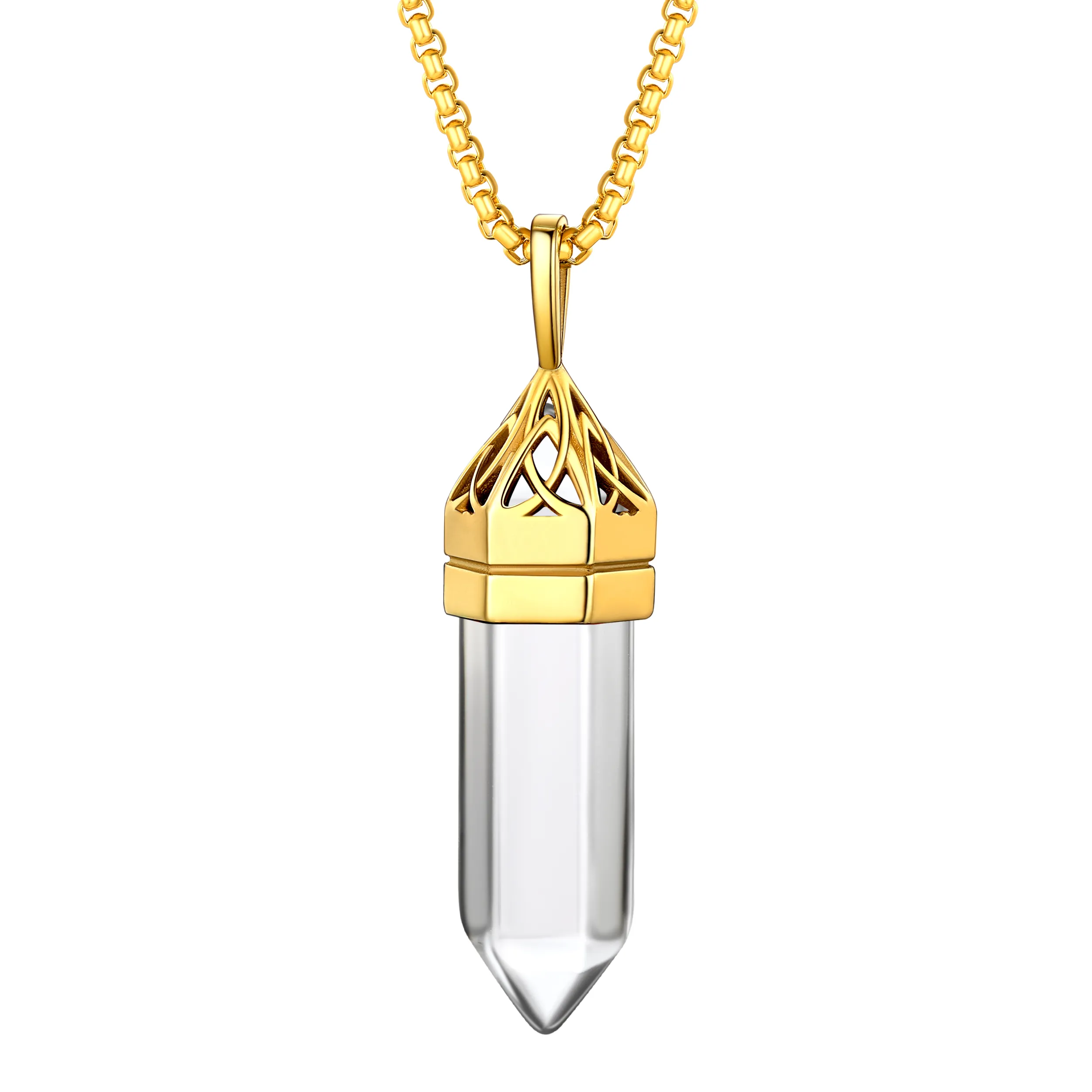 Collier Pendentif en Cristal Hexagonal avec Pierre de Naissance Synthétique Or Avril