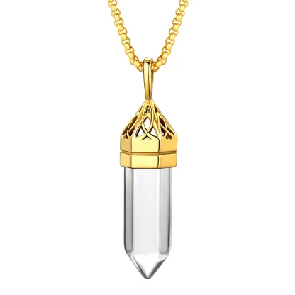 Collier Pendentif en Cristal Hexagonal avec Pierre de Naissance Synthétique Or Avril
