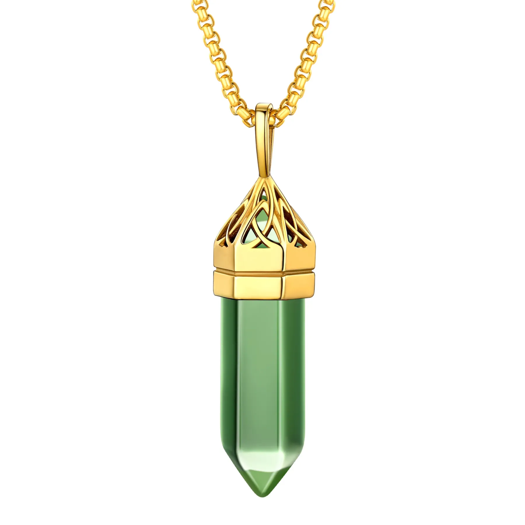 Collier Pendentif en Cristal Hexagonal avec Pierre de Naissance Synthétique Or Aout