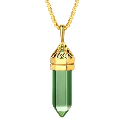 Collier Pendentif en Cristal Hexagonal avec Pierre de Naissance Synthétique Or Aout