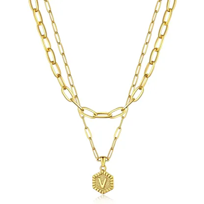 Colliers en Couche de 18K Or Initiales avec Chaîne Trousse-papiers Or V