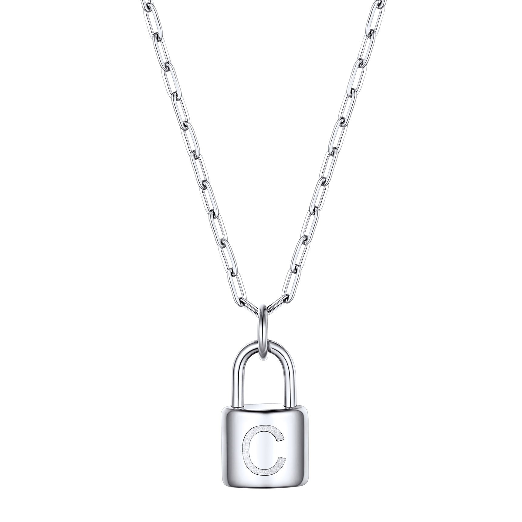 Collier Initiale Cadenas en Acier Inoxydable pour Femme Argenté C