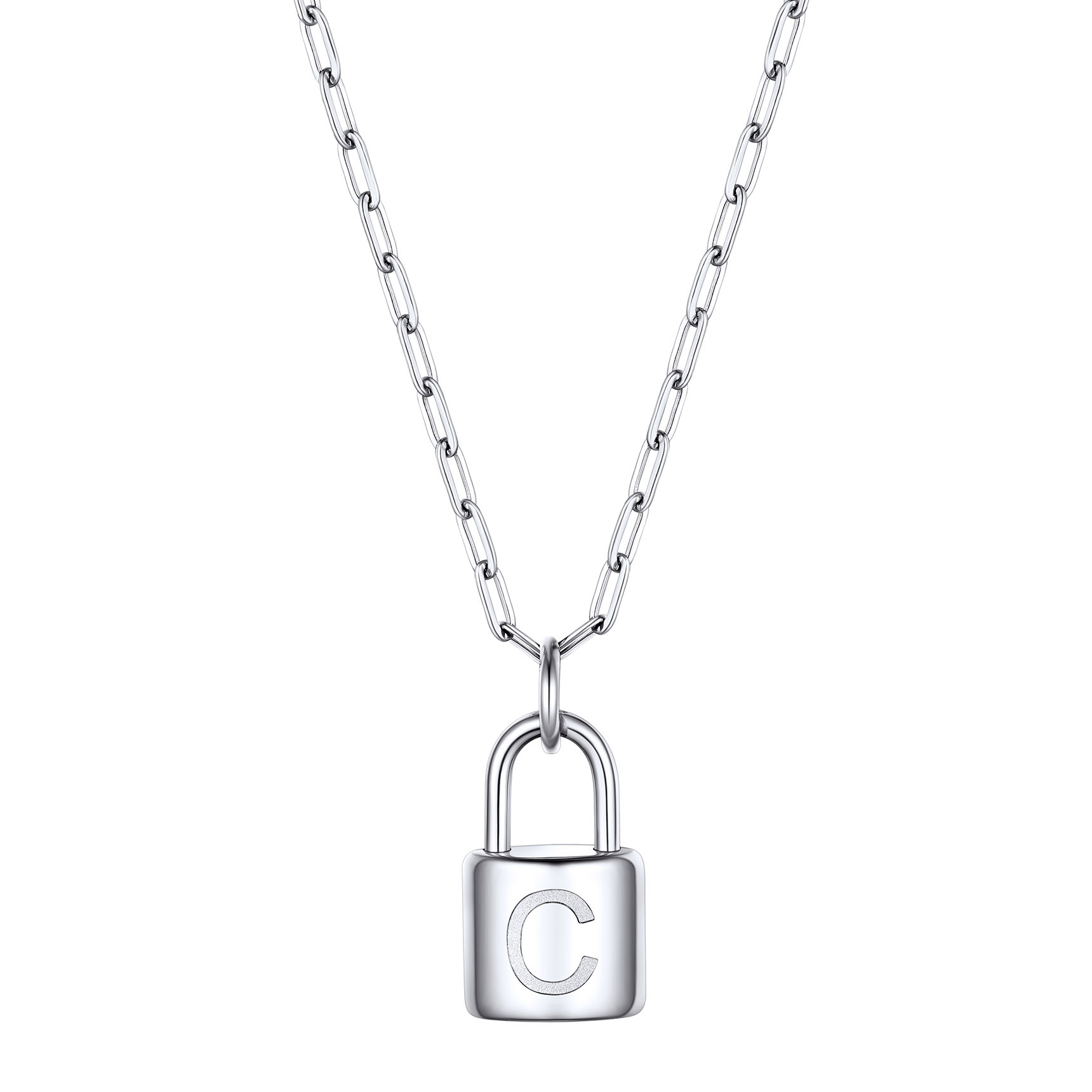 Collier Initiale Cadenas en Acier Inoxydable pour Femme Argenté C