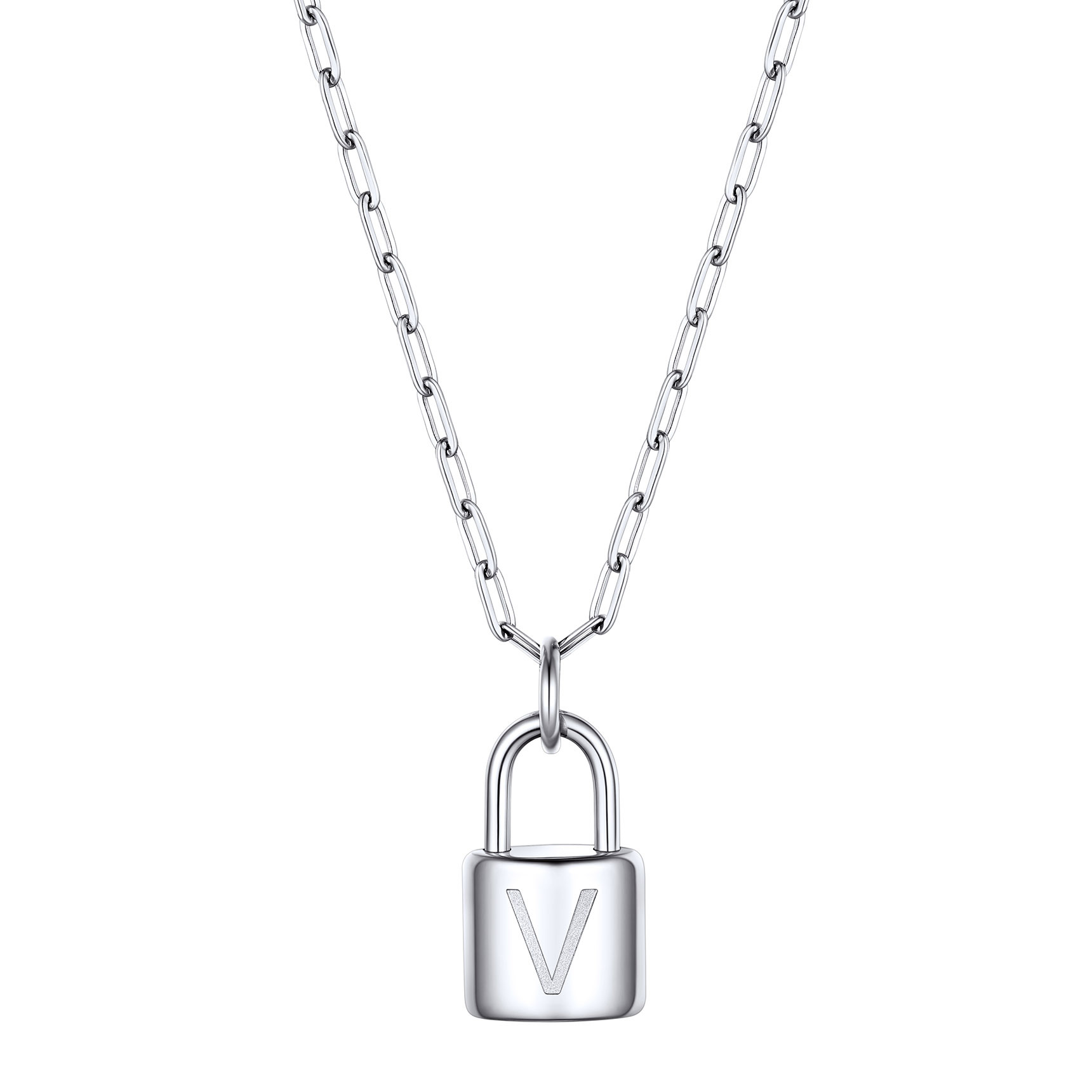 Collier Initiale Cadenas en Acier Inoxydable pour Femme Argenté V