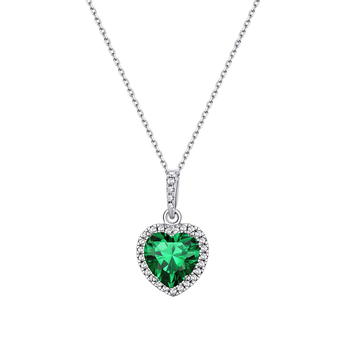 Collier pendentif cœur Halo avec Pierre de Naissance en Argent Sterling Mai-Emeraude