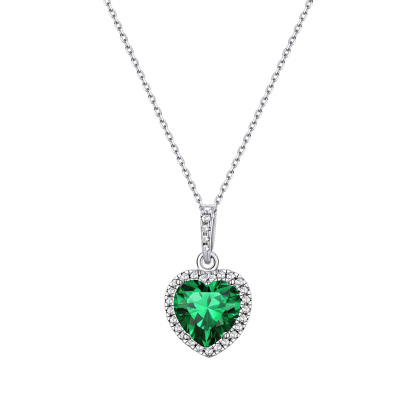 Collier pendentif cœur Halo avec Pierre de Naissance en Argent Sterling Mai-Emeraude