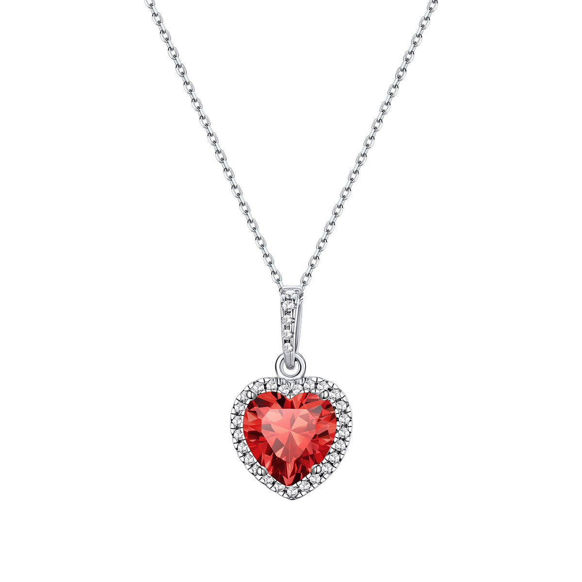 Collier pendentif cœur Halo avec Pierre de Naissance en Argent Sterling Juillet-Rubis