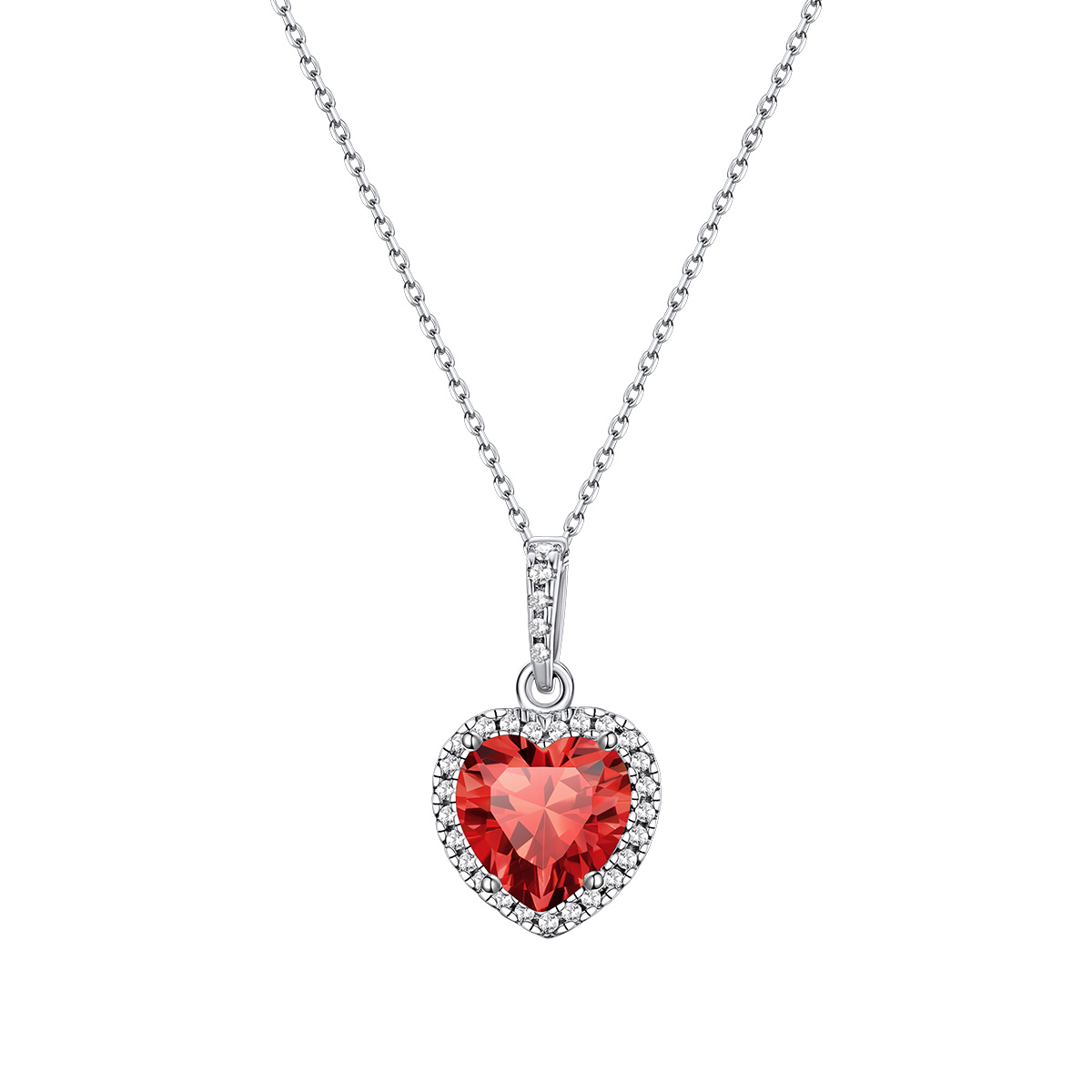 Collier pendentif cœur Halo avec Pierre de Naissance en Argent Sterling Juillet-Rubis