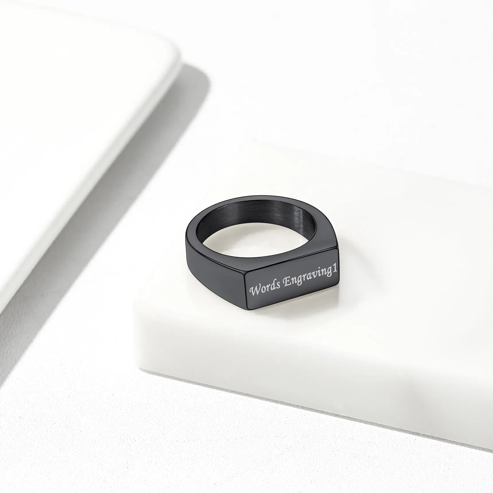 Bague Chevalière Personnalisée en Acier Inoxydable Gravée Noir