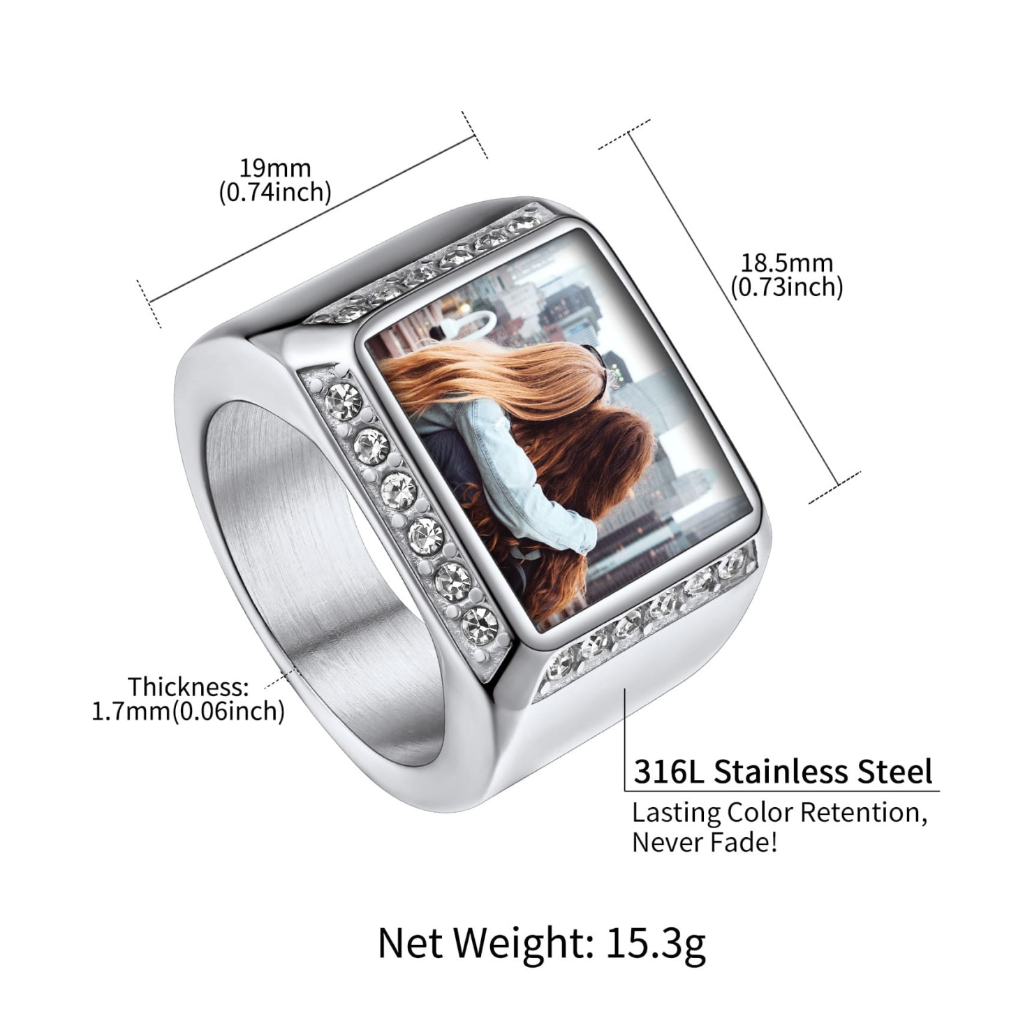 Bague Chevalière Personnalisée Rectangulaire avec Photo taille