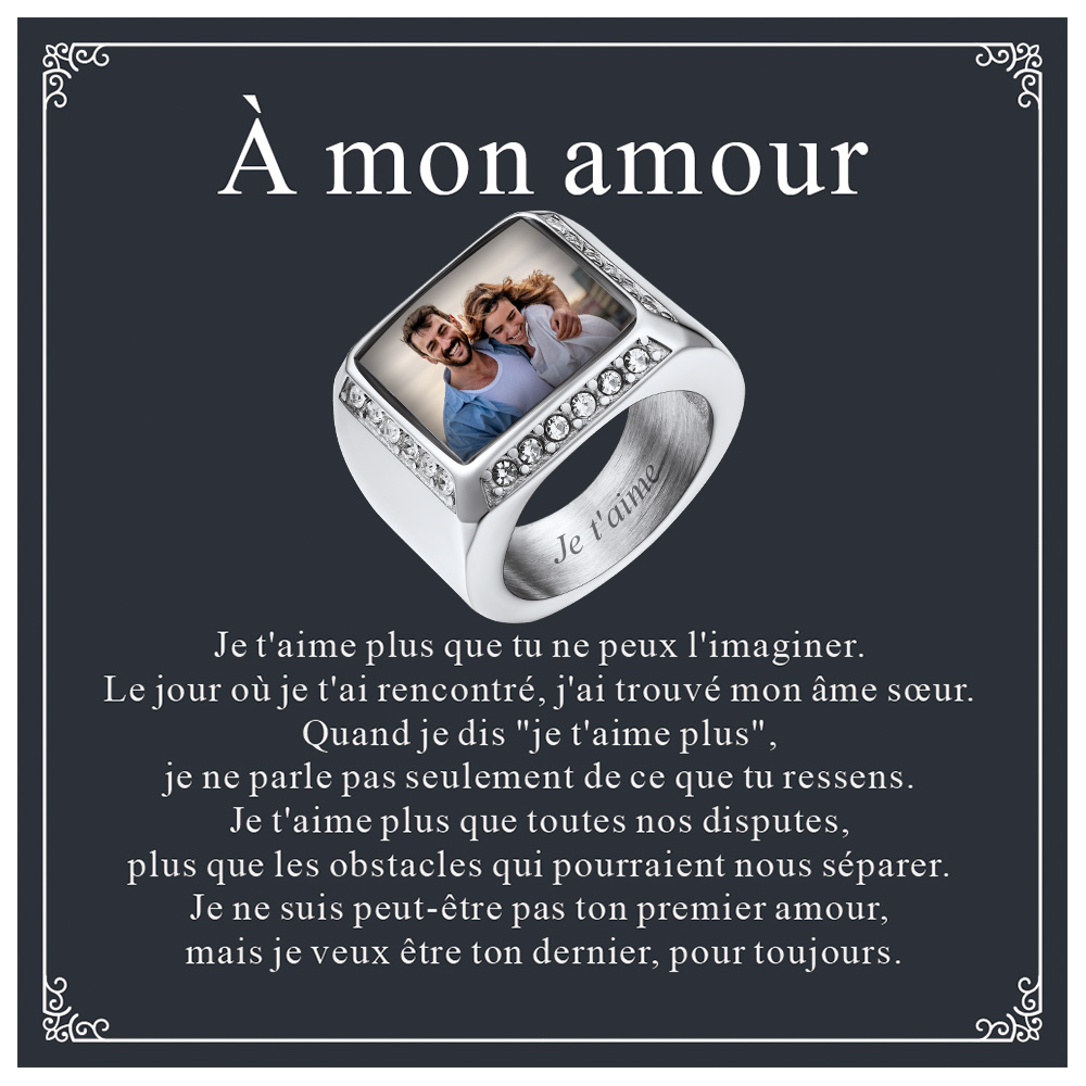 Bague Chevalière Personnalisée Rectangulaire avec Photo avec carte