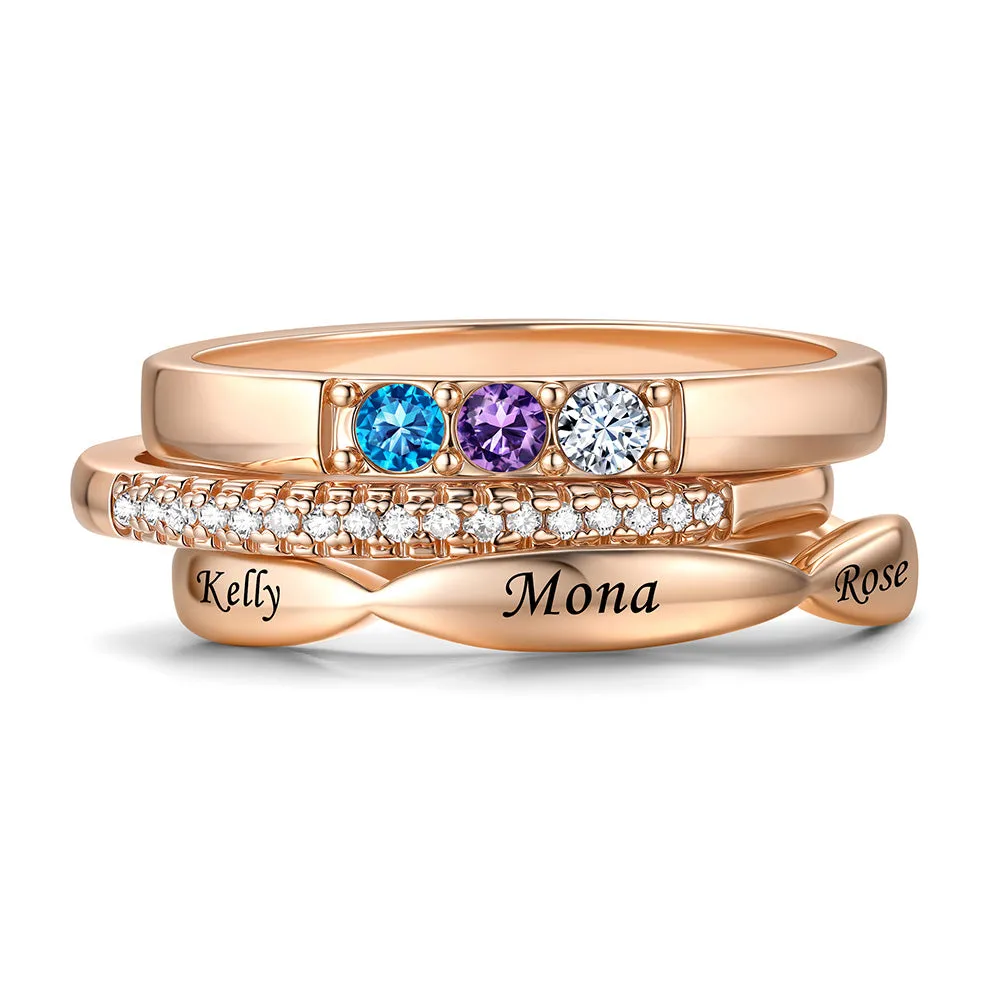 Bague Empilable Personnalisée avec 3 Pierres de Naissance pour Maman  Or Rose