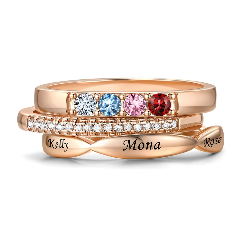 Bague Empilable Personnalisée avec 4 Pierres de Naissance pour Maman  Or Rose
