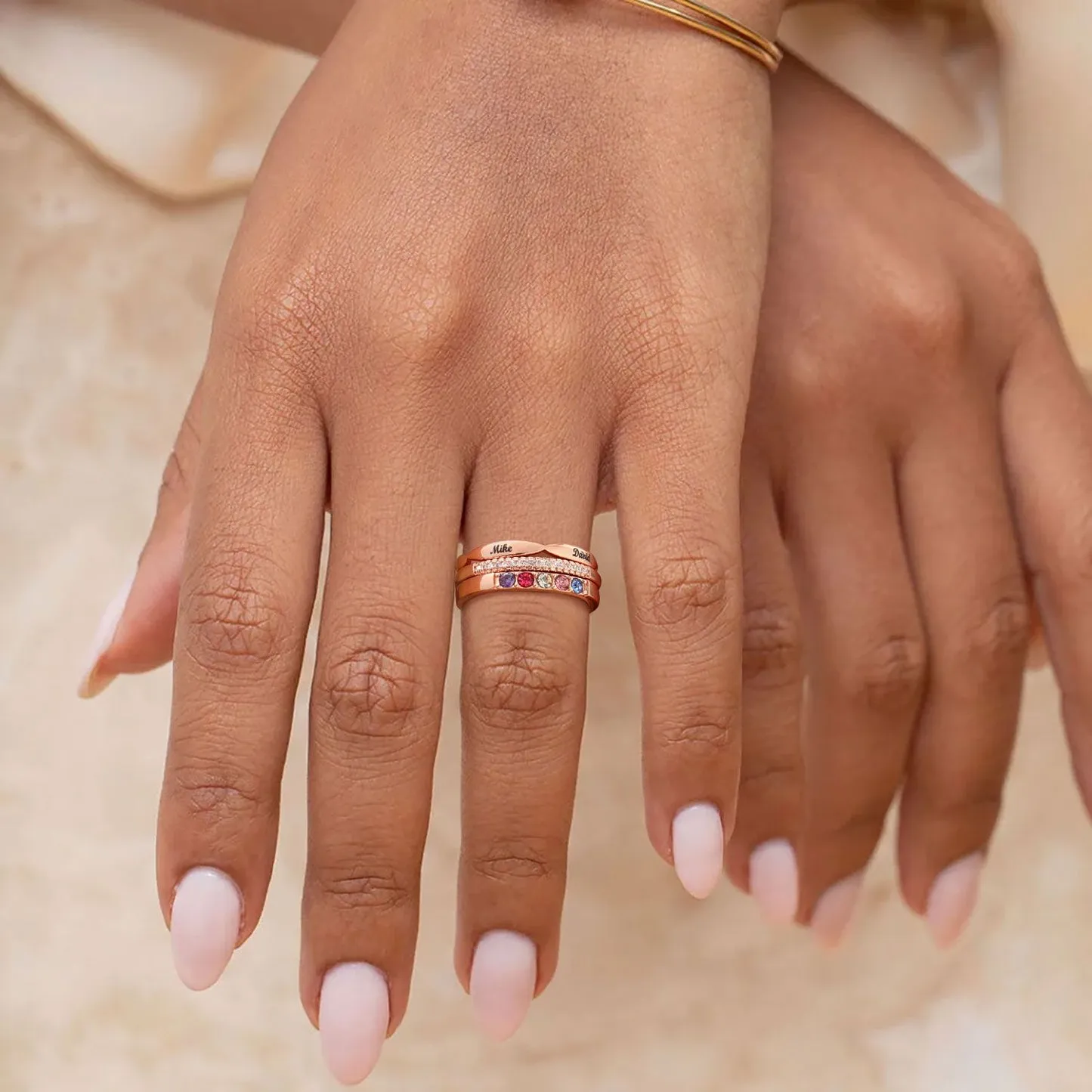 Bague Empilable Personnalisée avec Pierres de Naissance Or Rose