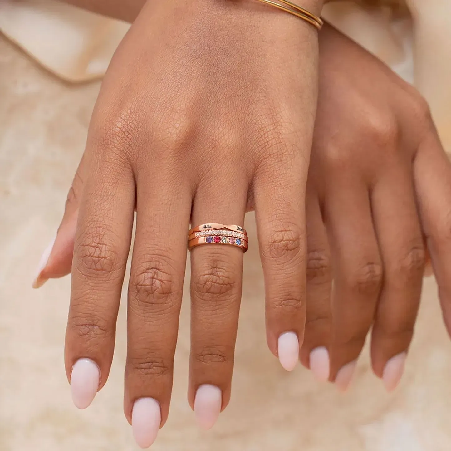Bague Empilable Personnalisée avec Pierres de Naissance Or Rose