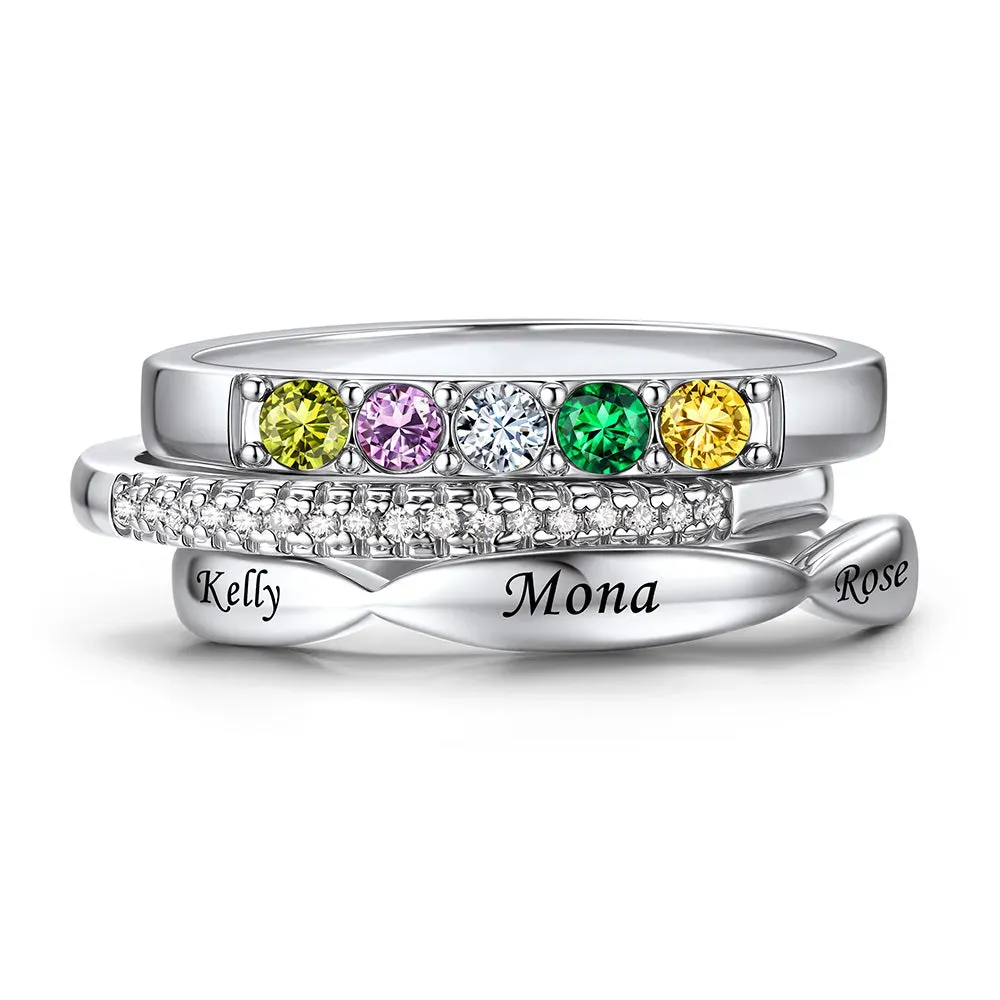 Bague Empilable Personnalisée avec  4 Pierres de Naissance pour Maman