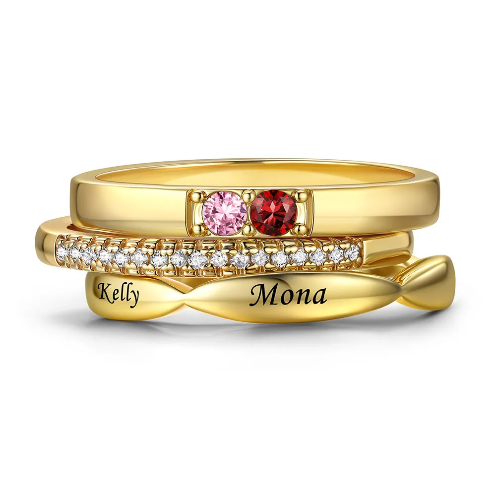 Bague Empilable Personnalisée avec 2 Pierres de Naissance pour Maman Or