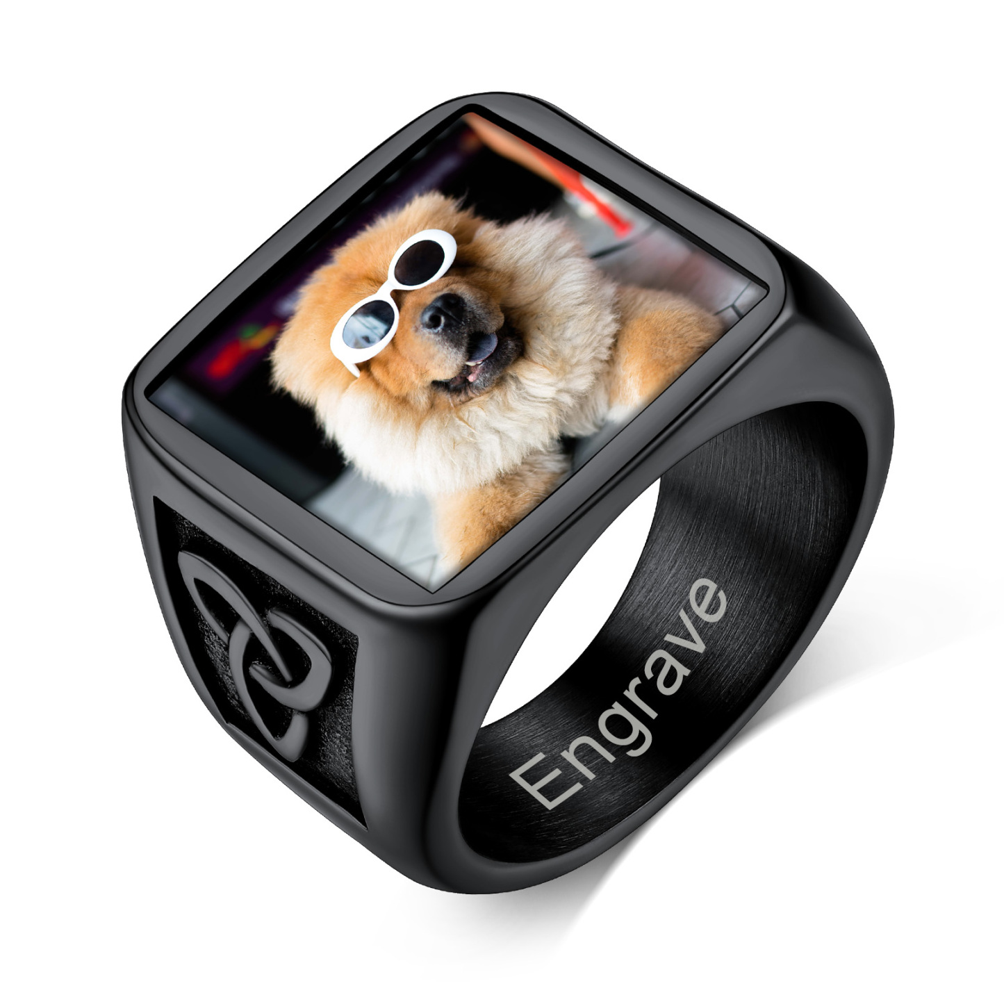 Bague Homme Personnalisée avec Photo et Nœud Celtique Gravé Noir
