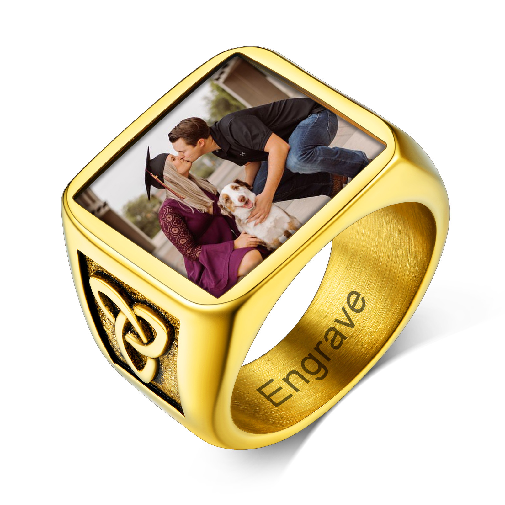 Bague Homme Personnalisée avec Photo et Nœud Celtique Gravé Or