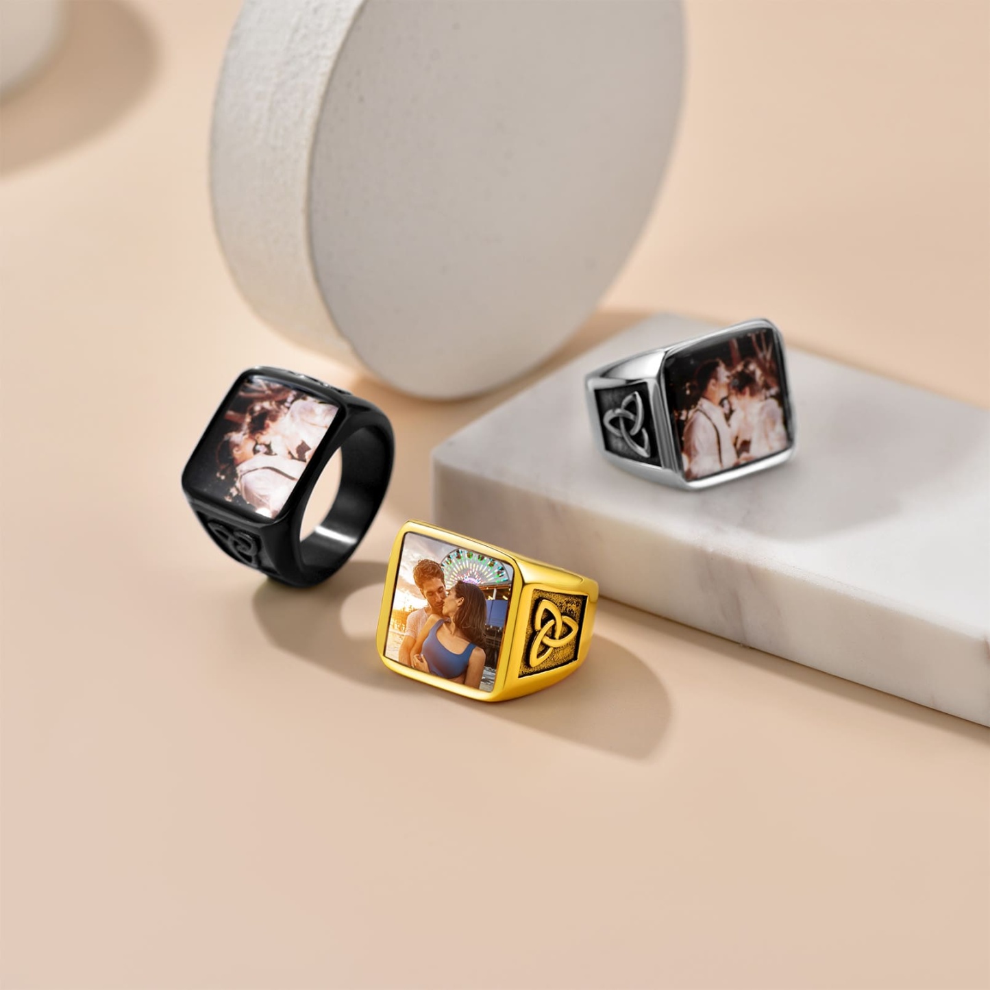 Bague Homme Personnalisée avec Photo et Nœud Celtique Gravé 3 couleurs