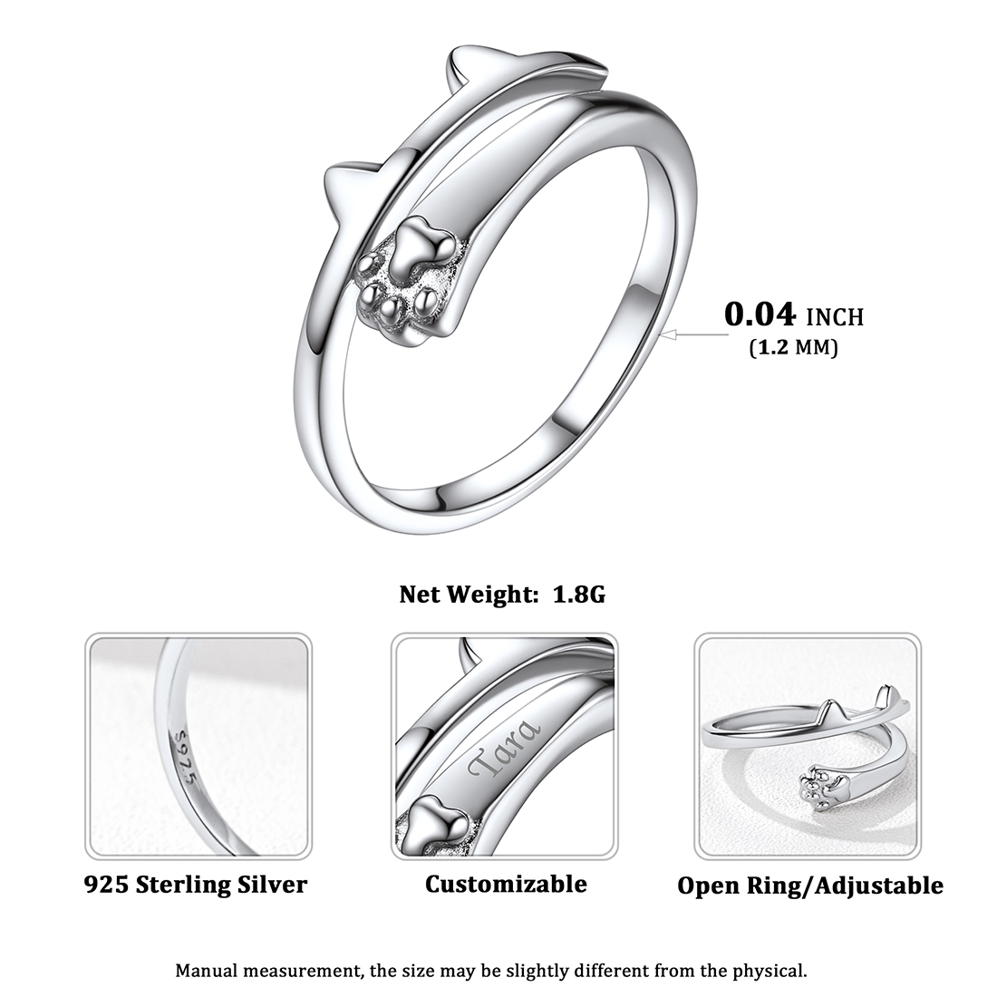 Bague Patte de Chat Gravée Ajustable | Argent 925 taille