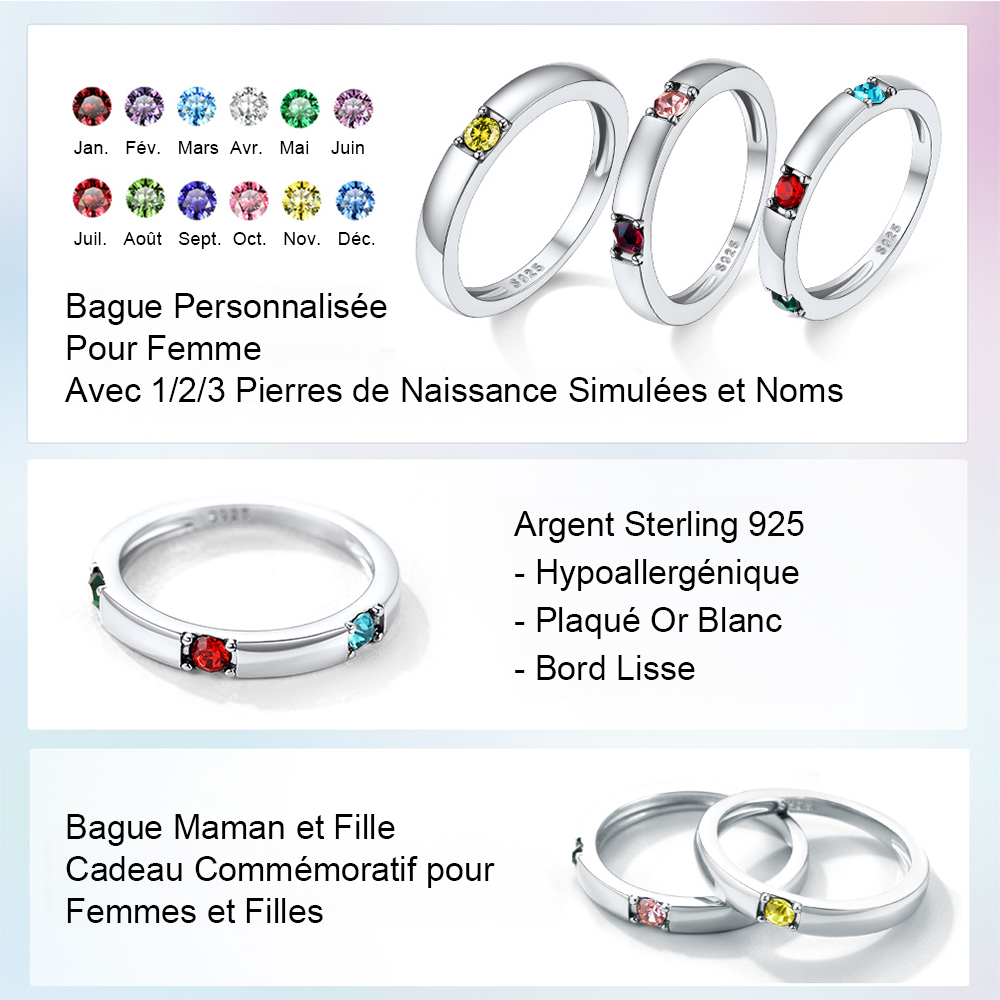 Bague Personnalisée en Argent Sterling avec Pierres de Naissance pour Maman detail