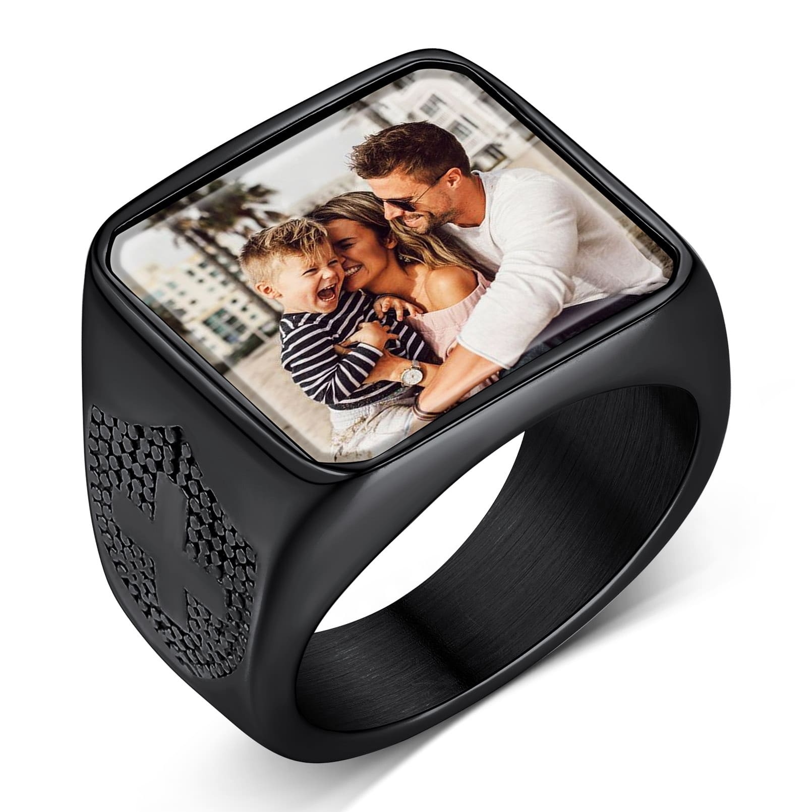 Bague Photo Gravée Personnalisée Cadeau pour Homme noir