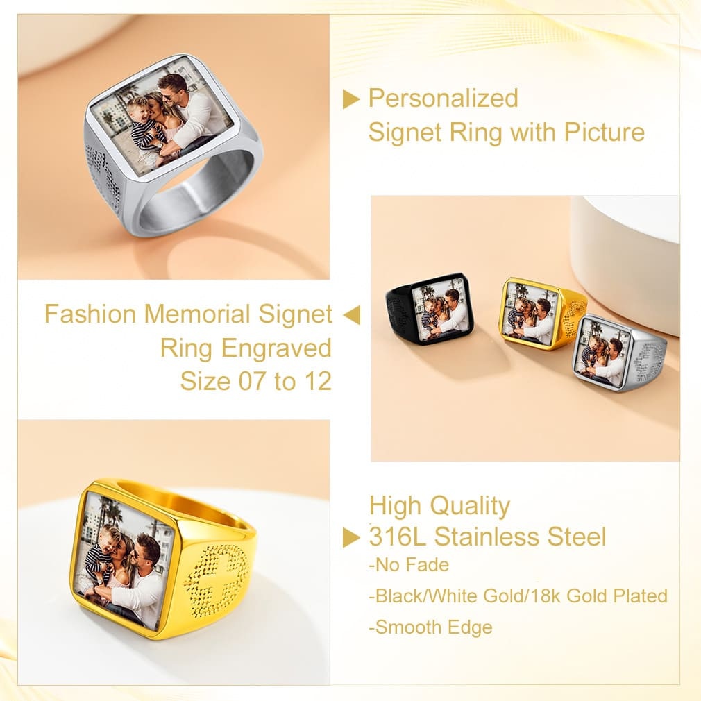 Bague Photo Gravée Personnalisée Cadeau pour Homme détail