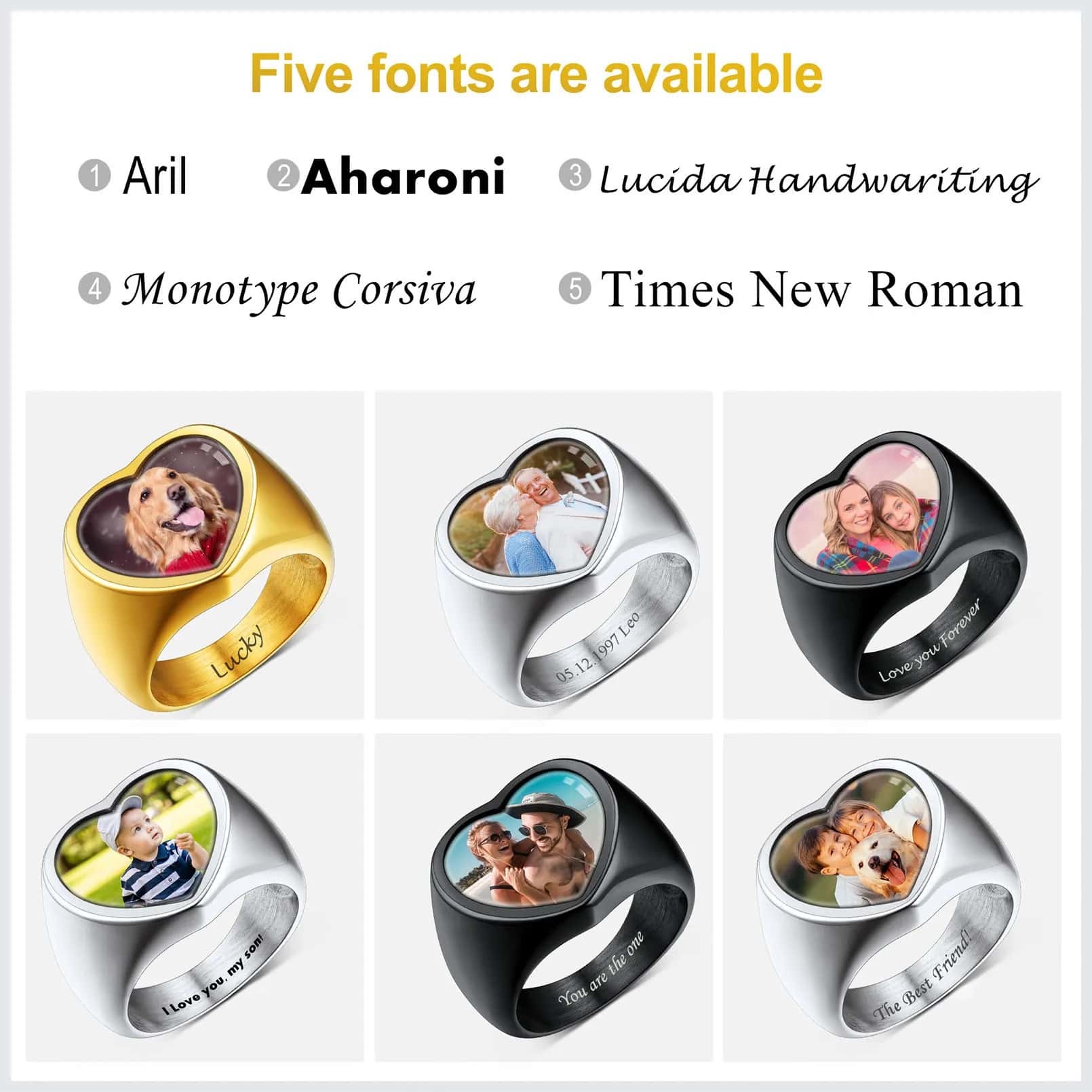 Bague Photo Gravée en Forme de Cœur 