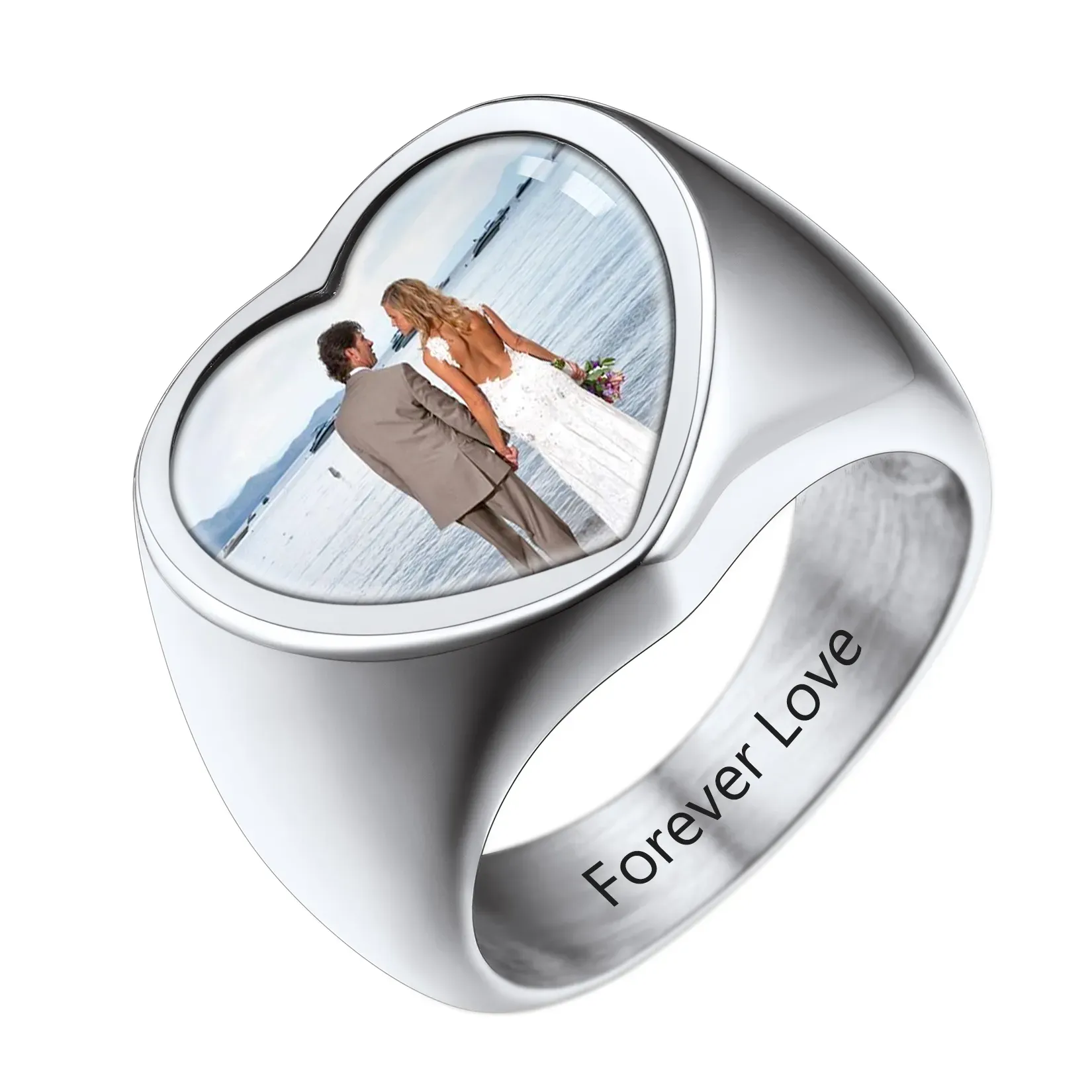 Bague Photo Gravée en Forme de Cœur pour Homme