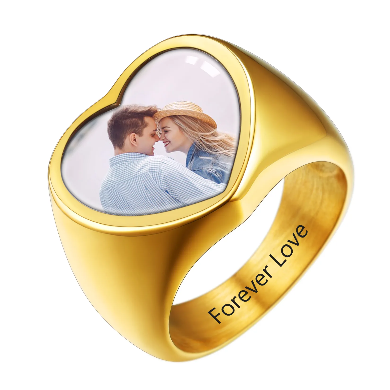 Bague Photo Gravée en Forme de Cœur 