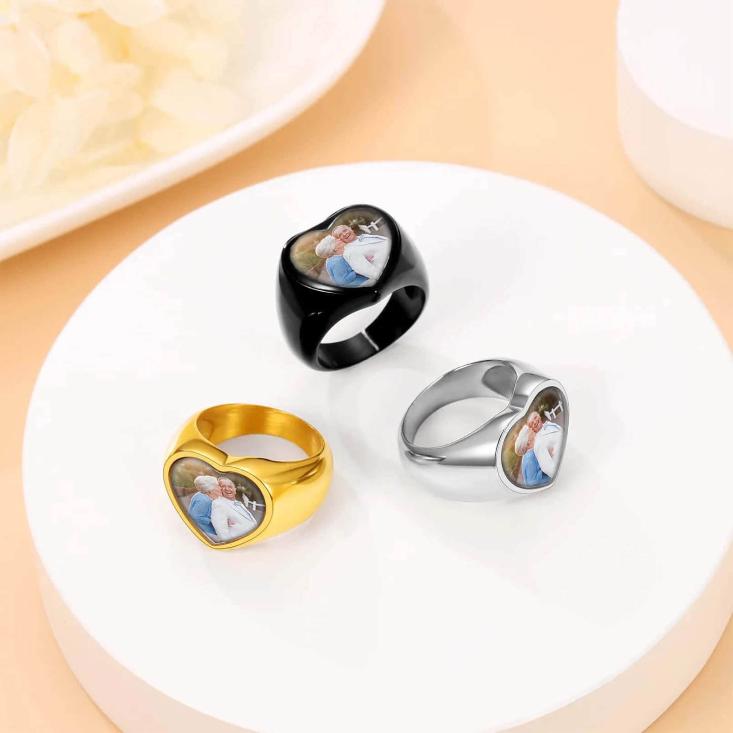 Bague Photo Gravée en Forme de Cœur pour Homme 3 couleurs