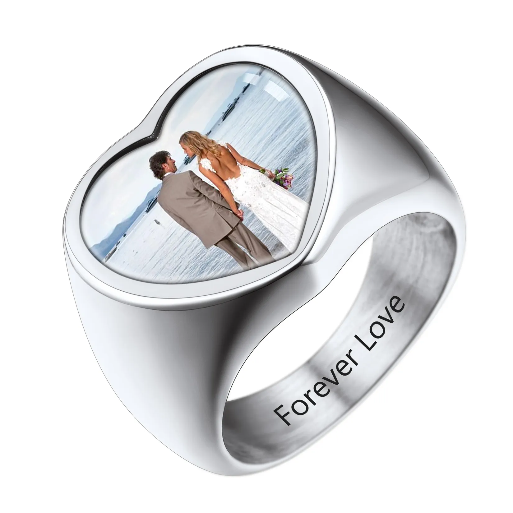 Bague Photo Gravée en Forme de Cœur pour Homme