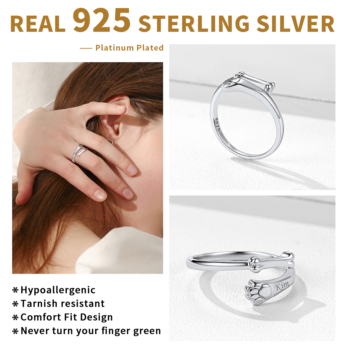 Bague Réglable Argent 925 Patte et Os pour Amoureux d’Animaux détail