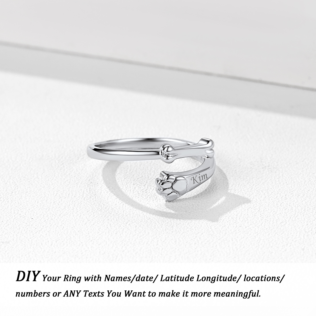 Bague gravée Réglable Argent 925 Patte et Os pour Amoureux d’Animaux