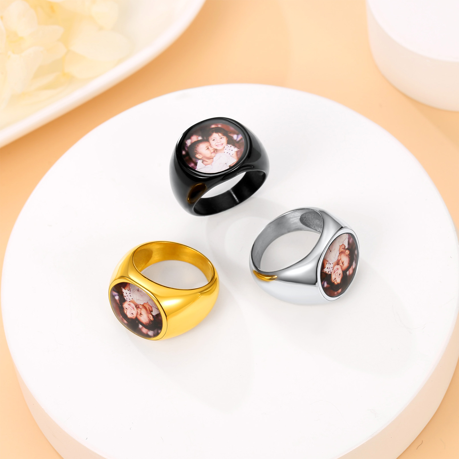 Bague avec Photo Personnalisée en Acier – Cadeau Souvenir 3 Couleurs