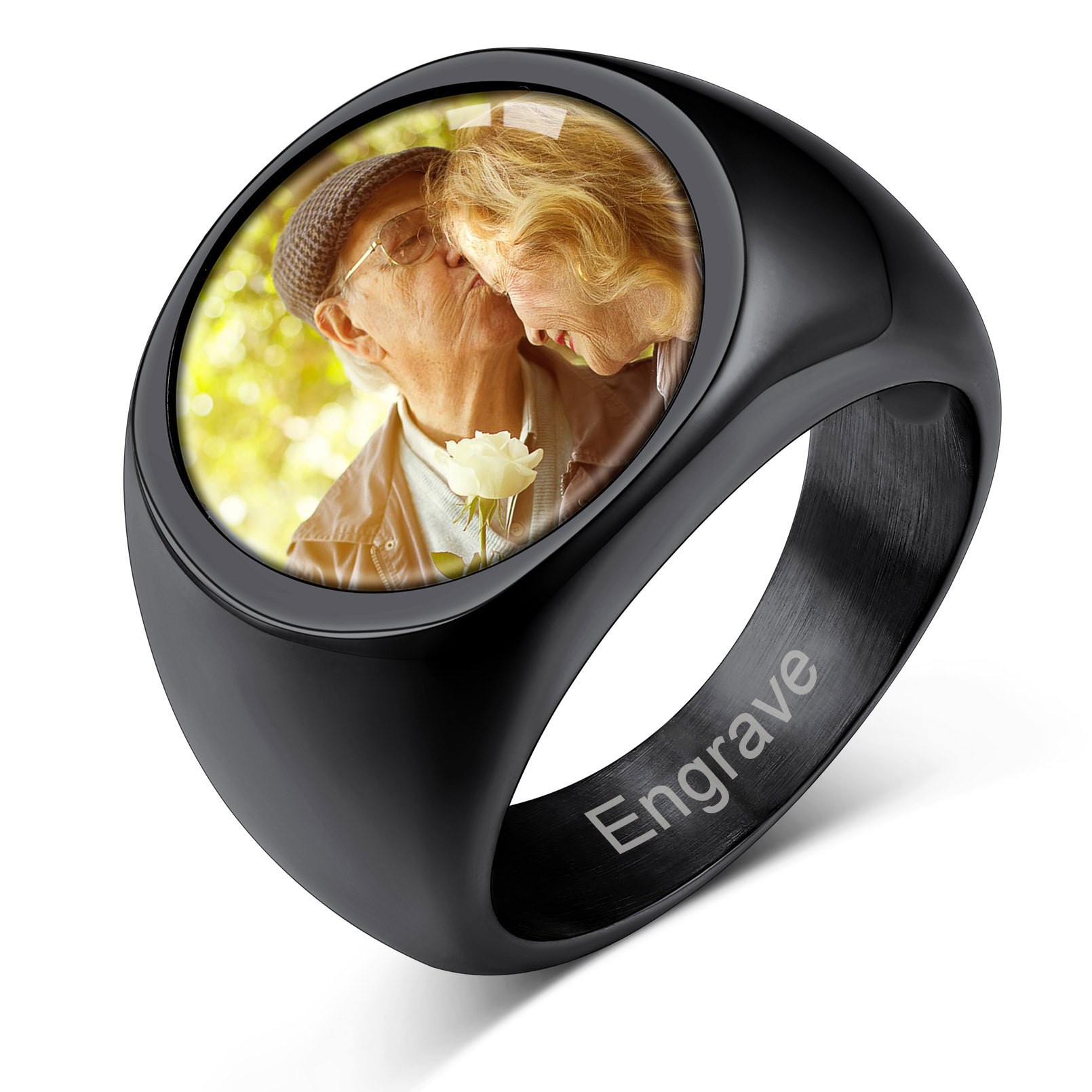 Bague avec Photo Personnalisée en Acier – Cadeau Souvenir Noir