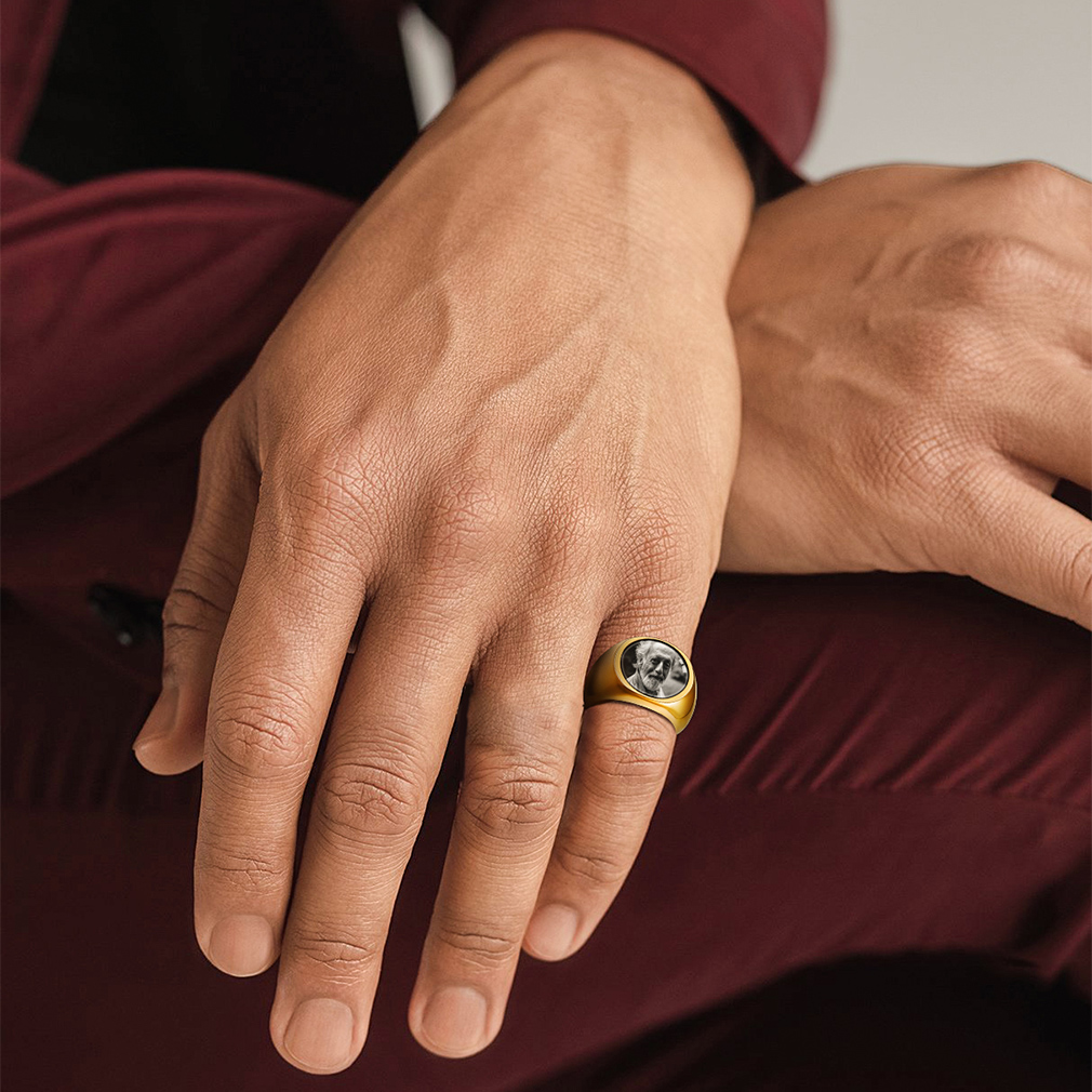 Bague avec Photo Personnalisée en Acier Or
