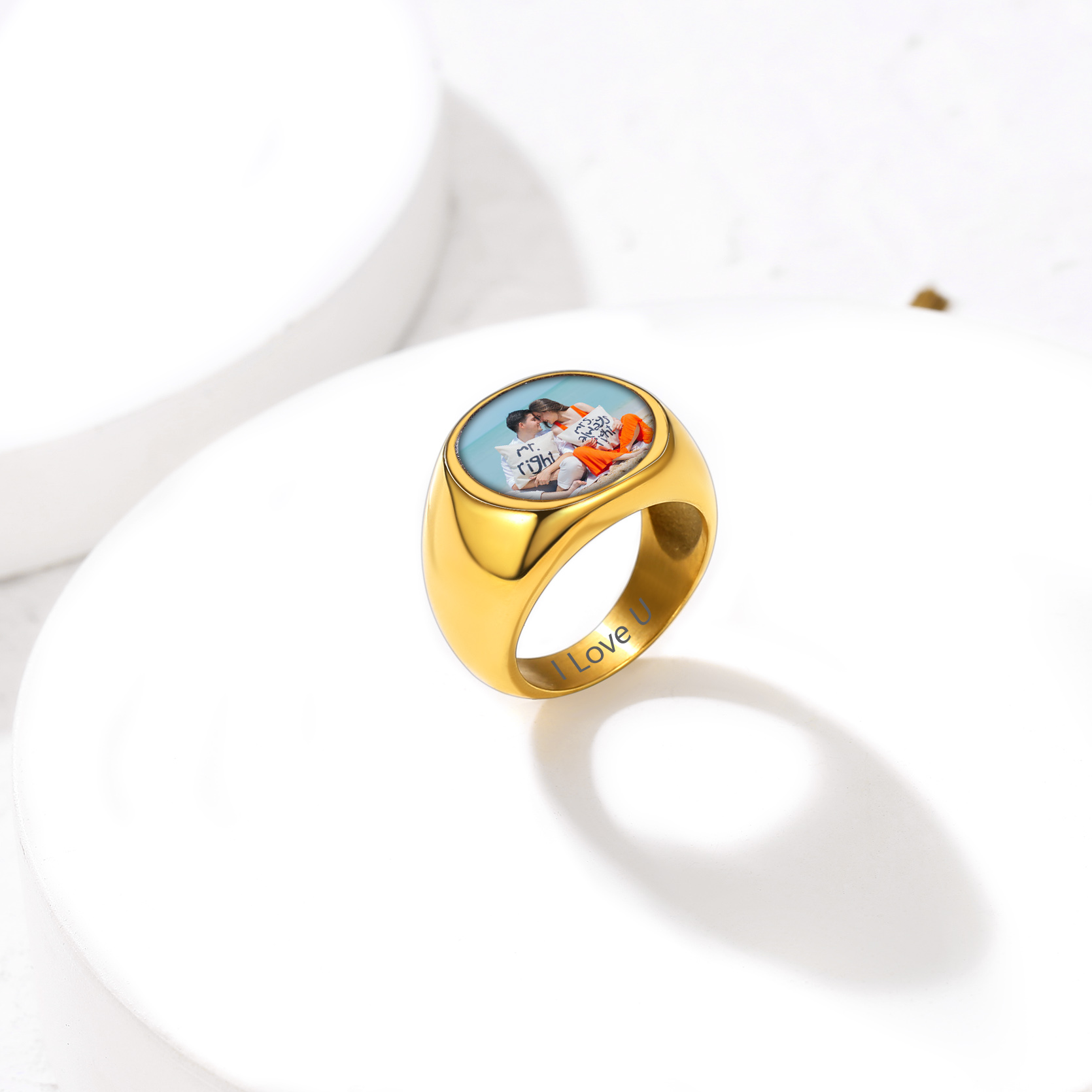 Bague avec Photo Personnalisée en Acier – Cadeau Souvenir Or