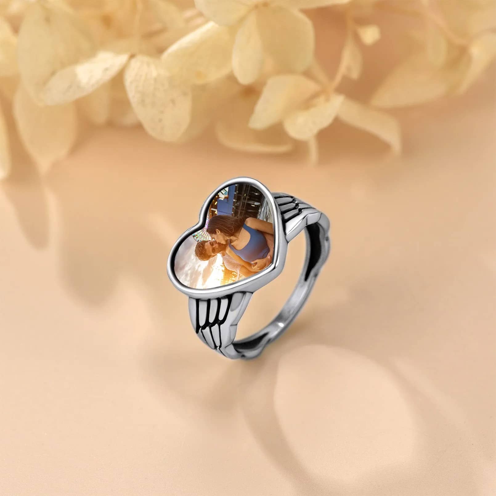 Bague photo Personnalisée Cœur avec Ailes d'Ange pour Femme