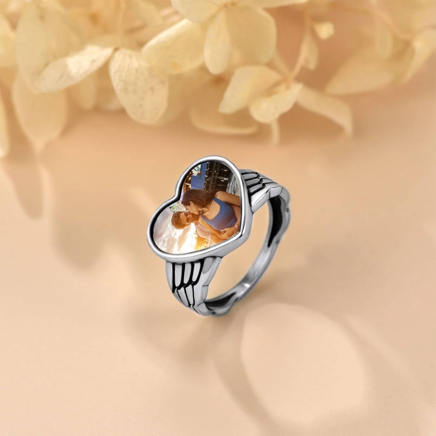 Bague photo Personnalisée Cœur avec Ailes d'Ange pour Femme