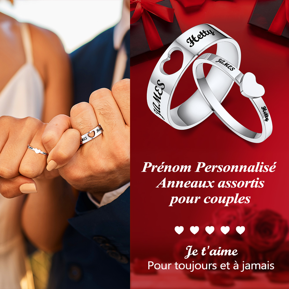 Bagues Promesse Personnalisées avec Prénoms pour Couples argente